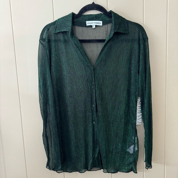 NWT Almost Famous Sheer Button Down Metallic Stripe Shirt Medium - Picture 8 of 8